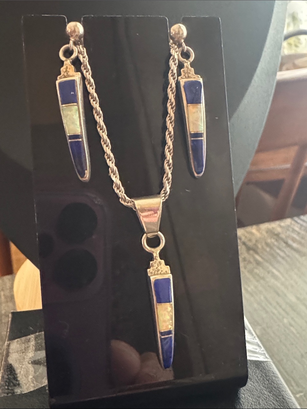 Sterling Silver Navajo Blue Lapis & Opal Pendant & Earring Set Ervin Hoskie